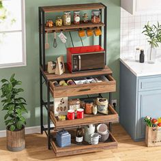 three tiered shelving unit with various items on it in a kitchen area next to a potted plant