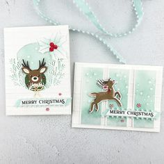 two christmas cards, one with a reindeer and the other with a merry christmas message