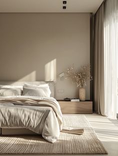 a large bed sitting next to a window in a bedroom on top of a rug