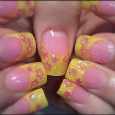 Yellow nails By Tara Natural Nail Art Ideas, Cute Yellow Nails Acrylic, Y2k Yellow Aesthetic, Yellow Gyaru, 2010s Nails, Twee Nails, Yellow And Pink Nails, Colorful Nail Ideas, Pink And Yellow Nails