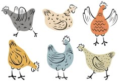 four different colored chickens standing next to each other on a white background with black outlines