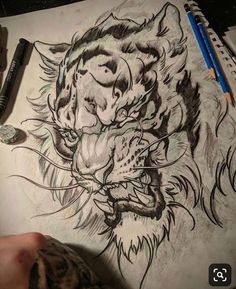 someone is drawing a tiger on paper