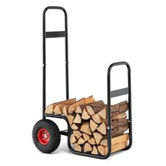 a hand truck with firewood stacked on it's wheels and red rims