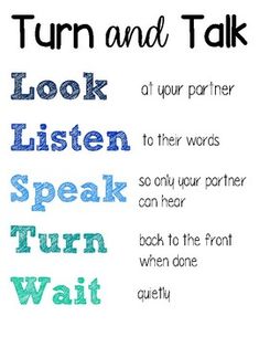 a poster with the words turn and talk written in different font styles on it's side