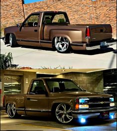 two pictures side by side of a brown truck with chrome wheels and rims on