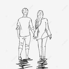 a black and white drawing of a man and woman holding hands while standing in the water