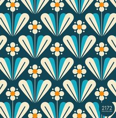 a blue and white flower pattern with orange centers on the petals, in an art deco style