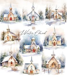 watercolor winter church clipart set with snow covered trees and snowy houses in the background