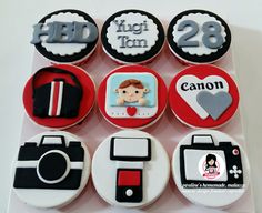 decorated cupcakes in the shape of cameras and pictures