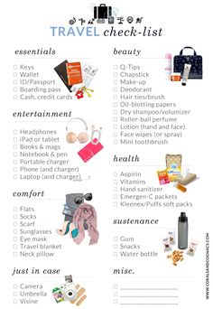 the travel checklist is filled with items to pack for your trip or vacation, and includes