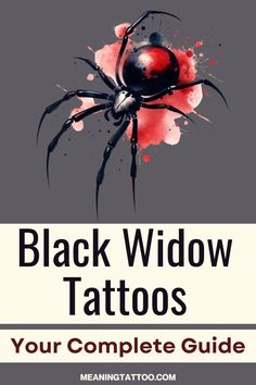 the black widow tattoo is shown with red ink splots on it and text that reads