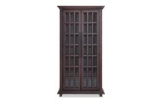 a tall wooden cabinet with glass doors on the front and bottom shelves, in dark wood