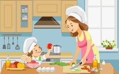 mother and daughter preparing food in the kitchen with an apron on her head, cooking