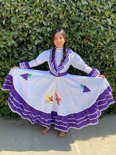 "Aguascalientes Mexican dress for girls, Mexican Dress for girls Aguascalientes This typical dress for girls is from of state of Aguascalientes Mexico, this beautiful dress come with grapes and roosters  typical detail of Aguascalientes state in Mexico  Measurements:  SIZE 2 26'' waist 24'' chest  26'' shoulder to ankle (long)  SIZE 4 28\"waist 26\" chest 28\"shoulders to ankle  (long)  SIZE 6 30\" waist  30\"chest  34\"shoulders to ankle  (long)  SIZE 8 33\" waist  32\"chest  34\"shoulders to a Traditional White Costume Dress, Traditional Cotton Costume Dress, Baby Mexican Dress, Folklorico Dresses, Girl Mexican, Themed Halloween Costumes, Blue Ruffle Dress, Fiesta Dress, Mexican Dress