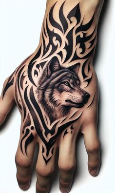 a hand with a wolf tattoo on it