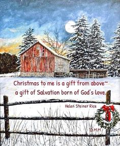 a christmas card with a barn in the background