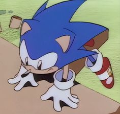 the sonic character is leaning over to look at something