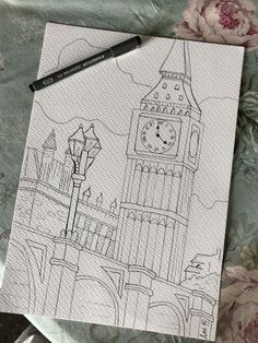 Drawing Craft Ideas, Drawings Of Cities, City Landscape Drawing, London Art Drawing, England Drawing, Big Ben Drawing, Building Sketches, London Sketch, رسم كاريكاتير