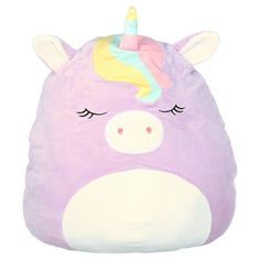 a purple unicorn bean bag sitting on top of a white floor