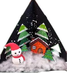 an ornament with a snowman in front of a house and christmas trees