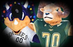 the two mascots are wearing green and white uniforms