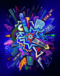 an abstract colorful design with many different types of letters and numbers in the center on a black background