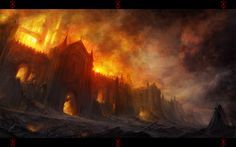 a painting of a castle on fire in the sky