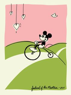 a cartoon mickey mouse riding a bike on a hill with hearts hanging from the sky