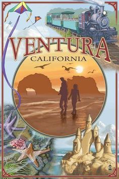 the cover of venturaa california, with an image of two people walking in front of a train