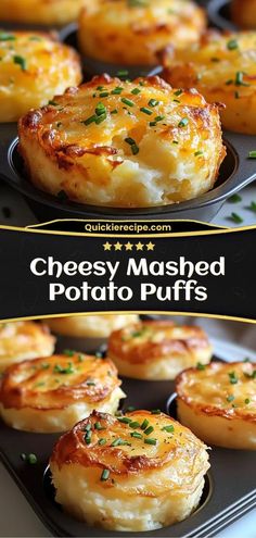 cheesy mashed potato puffs on a baking sheet with text overlay