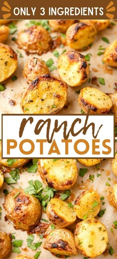 the recipe for ranch potatoes is shown on a sheet of parchment paper with text overlay