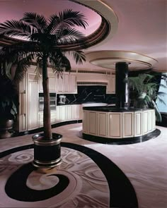 a palm tree in the middle of a kitchen