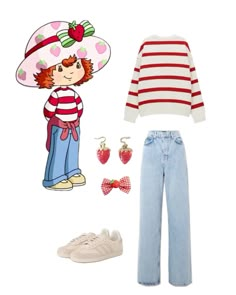 a woman in red and white striped shirt, jeans and sneakers with strawberries on her head