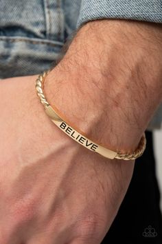 Twisted gold bars attach to a shiny gold plate stamped in the word, "BELIEVE," creating an inspiring cuff around the wrist. Sold as one individual necklace. P9MN-URGD-029XX Gents Bracelet Gold, Mens Bracelet Gold, Gold Bracelets For Men, Mens Bracelet Gold Jewelry, Man Gold Bracelet Design, Paparazzi Jewelry Images, Gents Bracelet, Paparazzi Accessories Jewelry, Mens Cuff Bracelets