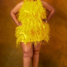 Custom Ostrich Feathered Dress Yellow Like New (Worn For A Few Hours) Us Size 16/18 Spring Dresses With Ostrich Feathers, Glamorous Yellow Mini Dress For Summer, Summer Sleeveless Dress With Ostrich Feathers, Sleeveless Party Dress With Ostrich Feathers, Summer Party Dresses With Ostrich Feathers, Glamorous Yellow Spring Dress, Summer Party Mini Dress With Ostrich Feathers, Spring Party Mini Dress With Ostrich Feathers, Glamorous Yellow Mini Dress For Cocktail