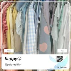 a closet filled with lots of shirts and ties on hangers, next to a qr code that says happy