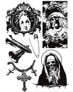 four black and white images of women with hair combs, skull headdress, and other items