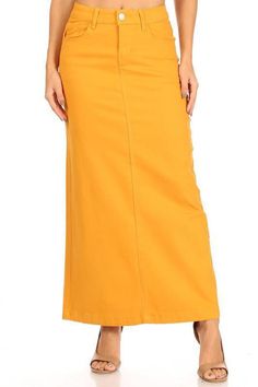 stretch twill basic calf length pencil skirt 38" Length No Back Slit Pockets 98% Cotton 2% Spandex True to size Please order according to your number size. Size No. Size Waist Hips Length XS 0/1 27" 34.5" 38" S 2/4 29" 36.55" 38" M 6/8 31" 38.5" 38" L 10/12 33.5" 41" 38" XL 14 36." 43" 38" 2XL 16 38.5" 45.5" 38" 3XL 18/20 41" 48" 38" Modest Woman, Mustard Skirt, Elastic Waistband Skirt, Twill Skirt, Yellow Denim, Office Skirt, Denim Maxi, Denim Maxi Skirt, Pretty Clothes