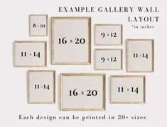 six framed wall art pieces with numbers and frames on the bottom, each in different sizes