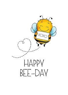 a happy bee - day greeting card with a cartoon character flying through the air and holding a