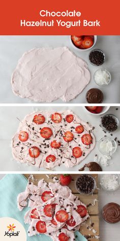 chocolate hazelnut yogurt bark recipe with strawberries and whipped cream on top