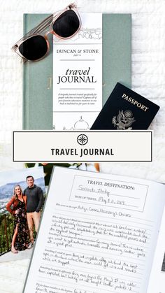 an open travel journal next to sunglasses and passport