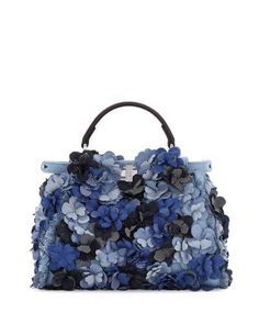 V3BRP Fendi Peekaboo Small Denim Flowers Satchel Bag, Blue Fendi Purse, Handbags Blue, Fendi Mini, Floral Handbags, Denim Flowers, Unique Purses