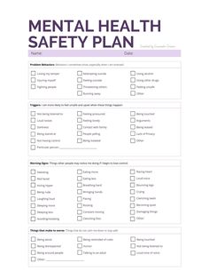 Printable detailed mental health safety plan. Identifying behaviors, triggers, warning signs, interventions, and crisis plan. Crisis Safety Plan, Mental Health Work Activities, Mental Health Activity Ideas, Social Work Interventions, Crisis Plan, Future Therapist, Mental Health Plan, Crisis Intervention