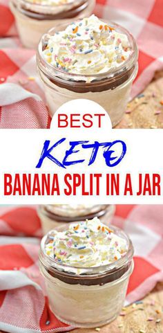 three jars filled with keto banana split in a jar on top of a checkered table cloth