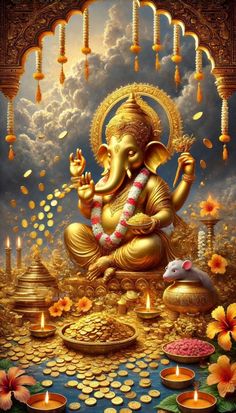 an elephant sitting on top of a pile of gold coins next to candles and flowers