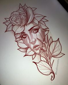 a drawing of a woman's face with roses on her head and leaves around it