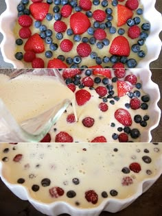 three different pictures of fruit in a pie pan