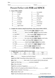 the worksheet for present perfect with or and since is shown in this document