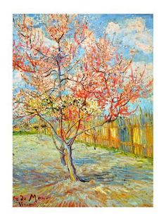 a painting of a tree with pink flowers in the foreground and blue sky in the background